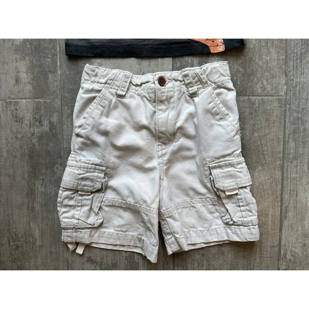 Toddler Boy 2 Piece Outfit Set Tan Khaki Cargo Shorts Long Sleeve T-Shirt Tee 3T